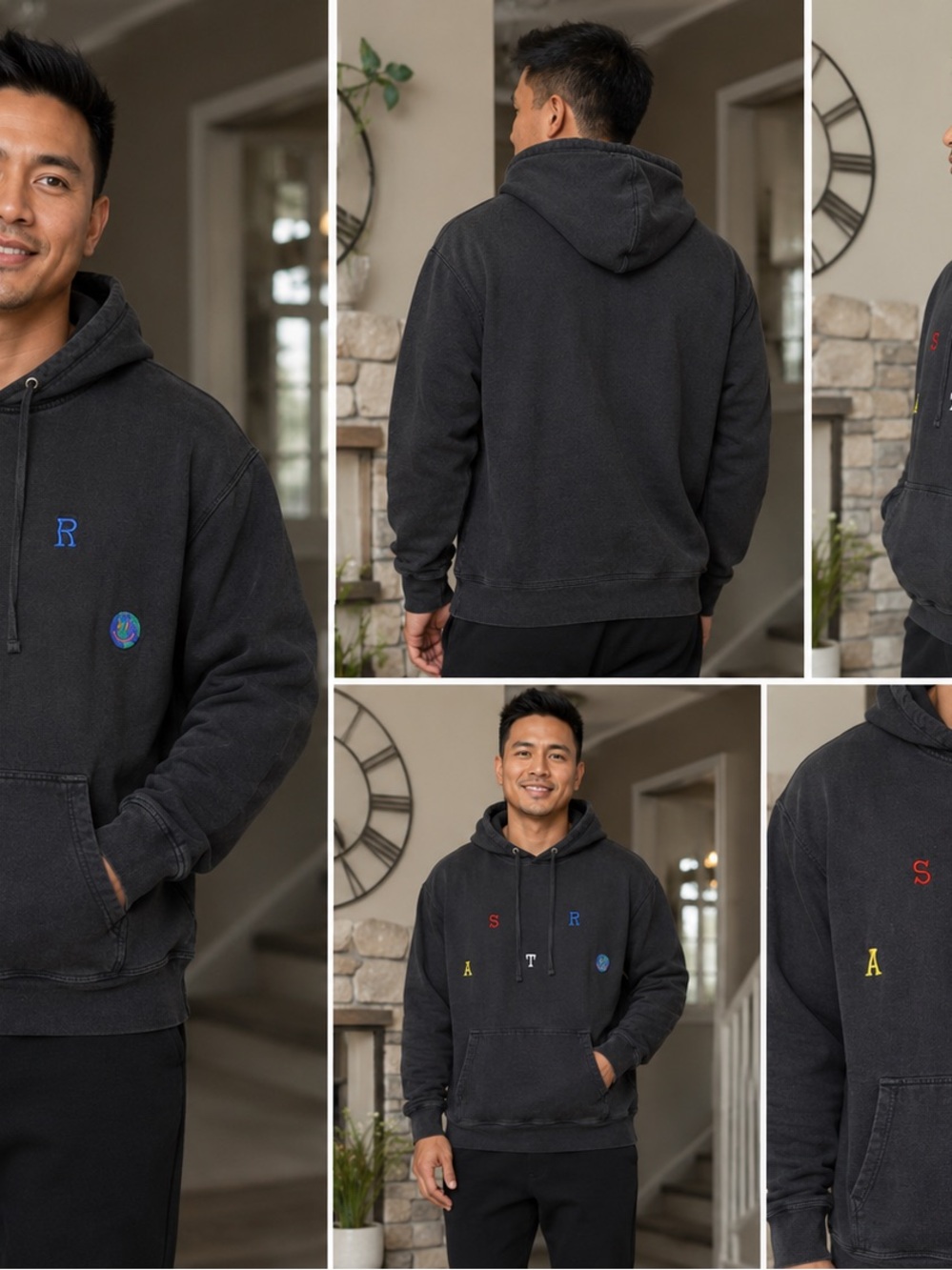 Astro Word Black Pullover Hoodie with Multicolor Embroidery